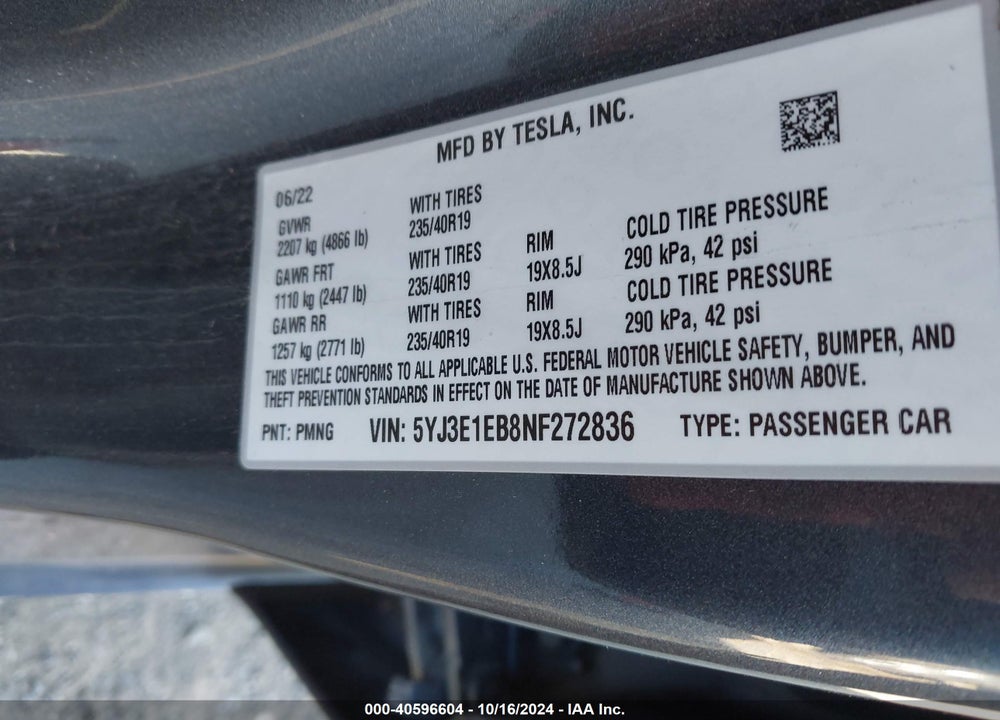2022 TESLA MODEL 3 LONG RANGE DUAL MOTOR ALL-WHEEL DRIVE VIN: 5YJ3E1EB8NF272836