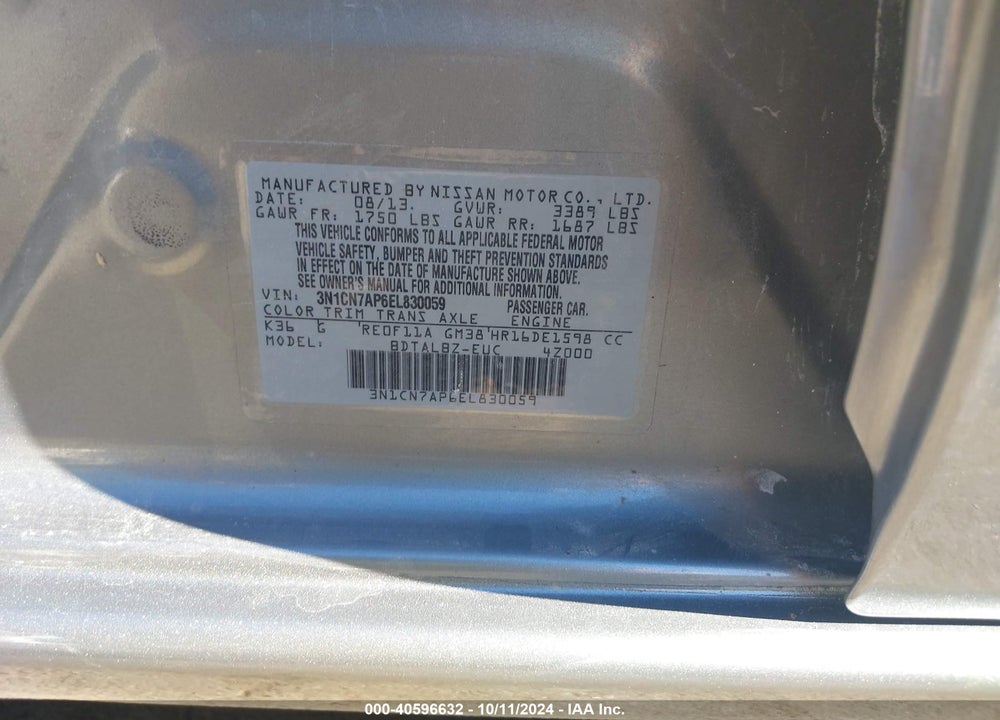 2014 NISSAN VERSA 1.6 SV VIN: 3N1CN7AP6EL830059