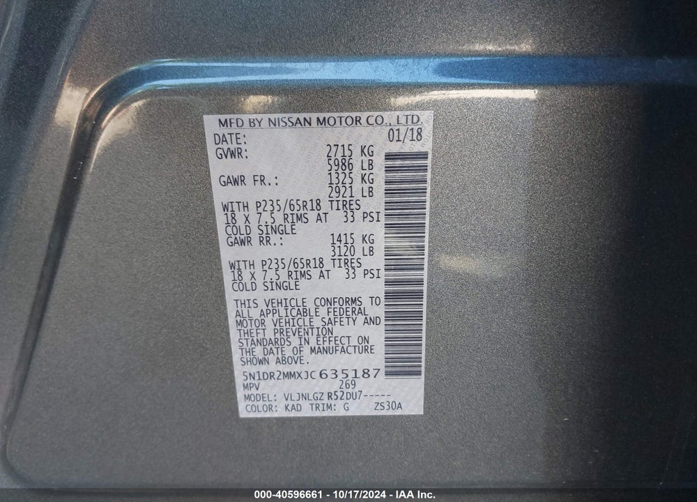 2018 NISSAN PATHFINDER SL VIN: 5N1DR2MMXJC635187