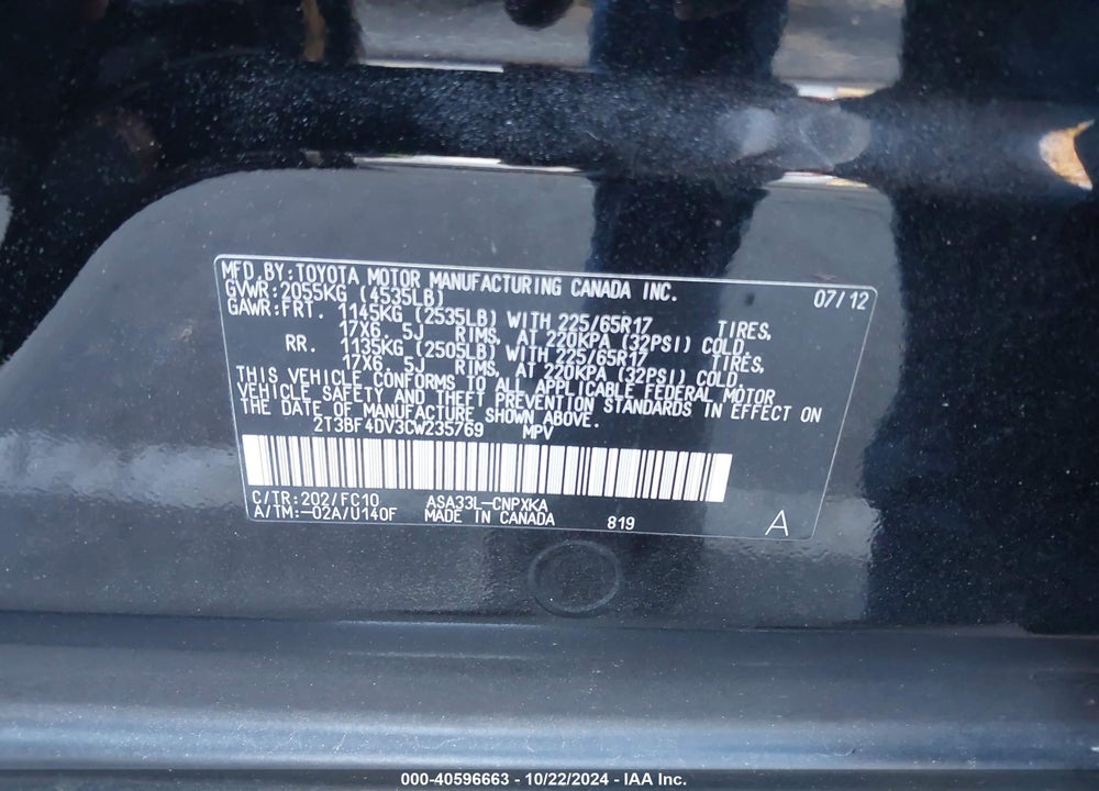2012 TOYOTA RAV4 VIN: 2T3BF4DV3CW235769