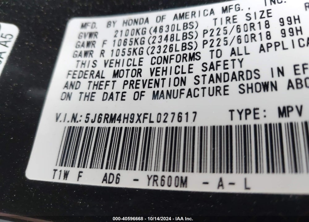 2015 HONDA CR-V TOURING VIN: 5J6RM4H9XFL027617