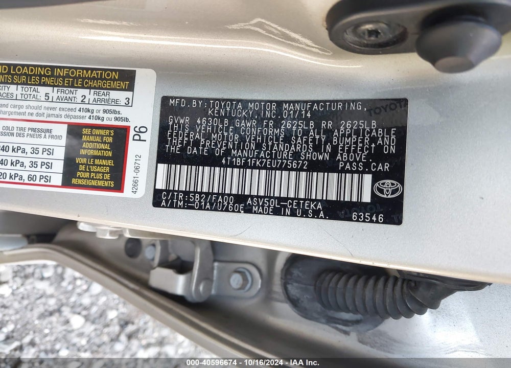 2014 TOYOTA CAMRY L VIN: 4T1BF1FK7EU775672