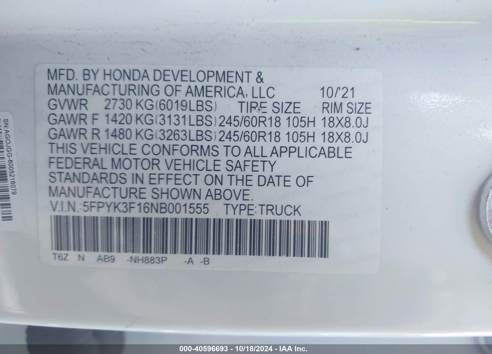 2022 HONDA RIDGELINE SPORT VIN: 5FPYK3F16NB001555