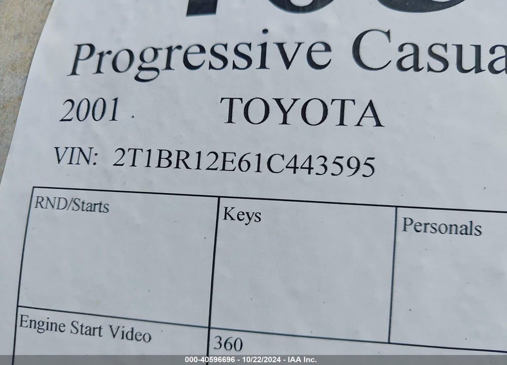2001 TOYOTA COROLLA S VIN: 2T1BR12E61C443595