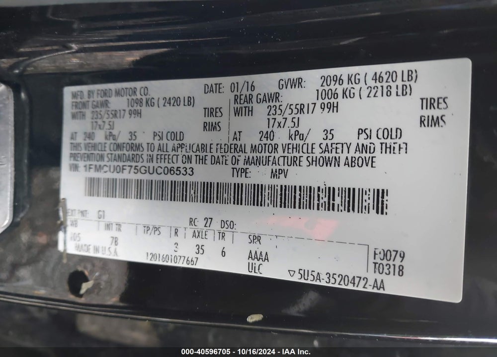 2016 FORD ESCAPE S VIN: 1FMCU0F75GUC06533