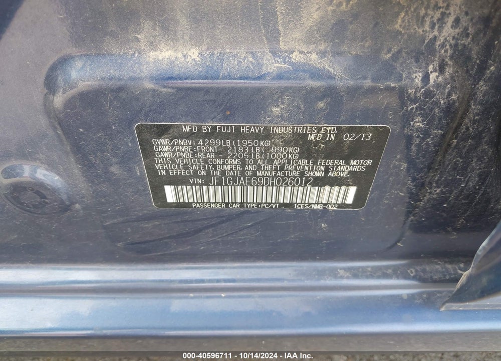 2013 SUBARU IMPREZA 2.0I PREMIUM VIN: JF1GJAE69DH026012
