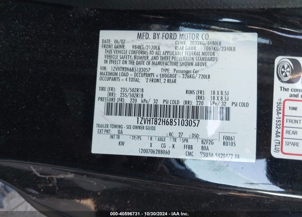 2008 FORD MUSTANG GT DELUXE/GT PREMIUM VIN: 1ZVHT82H685103057