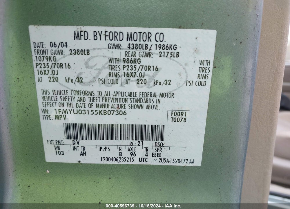 2005 FORD ESCAPE XLT VIN: 1FMYU03155KB07306