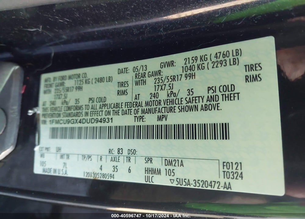 2013 FORD ESCAPE SE VIN: 1FMCU9GX4DUD94931