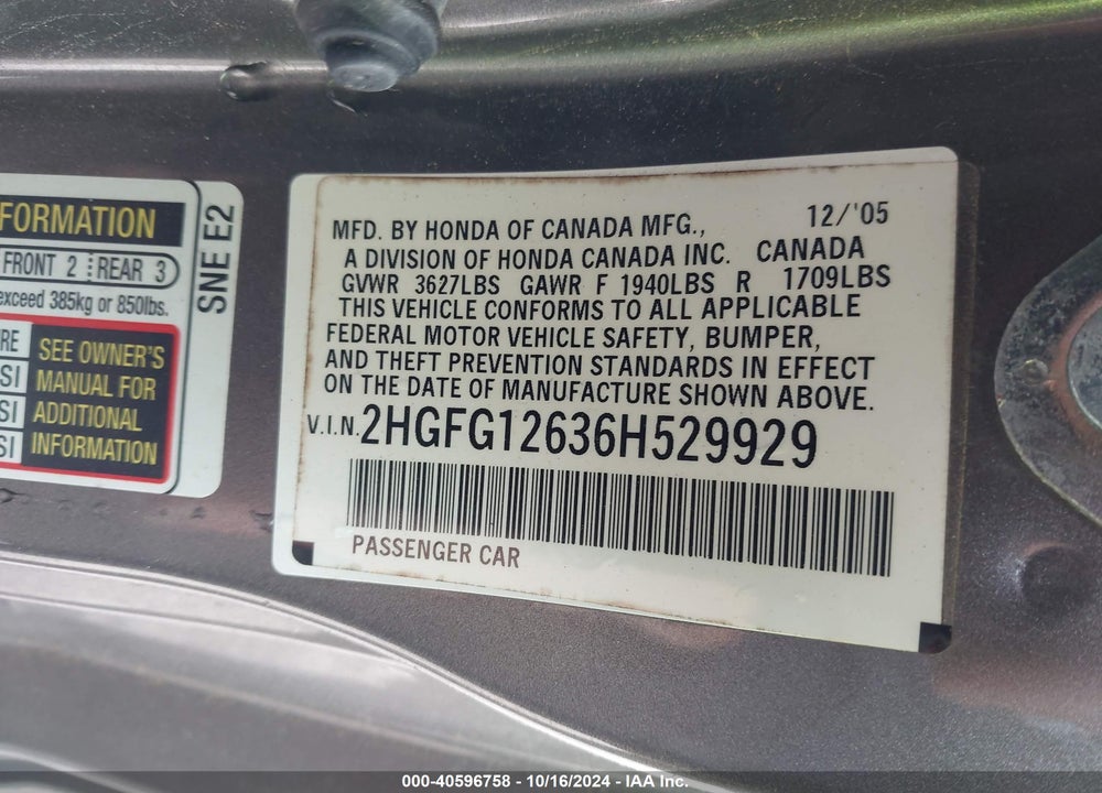 2006 HONDA CIVIC LX VIN: 2HGFG12636H529929