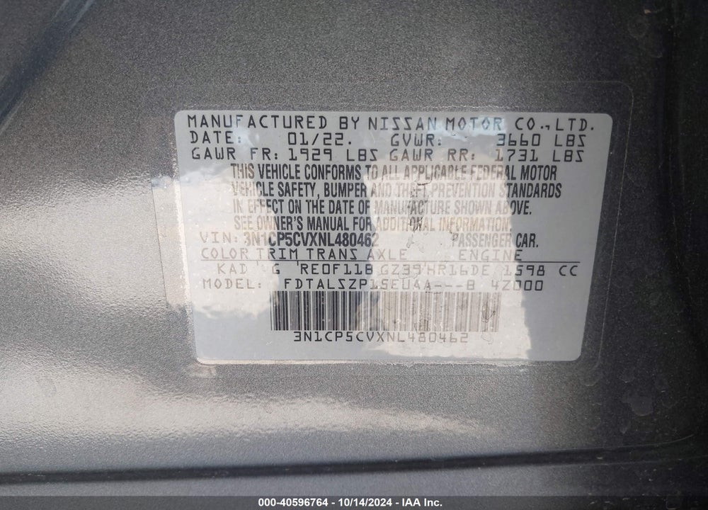 2022 NISSAN KICKS SV XTRONIC CVT VIN: 3N1CP5CVXNL480462