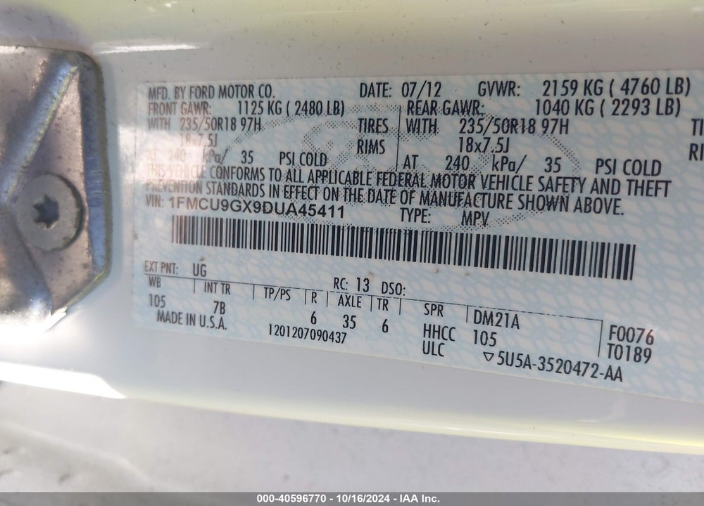 2013 FORD ESCAPE SE VIN: 1FMCU9GX9DUA45411