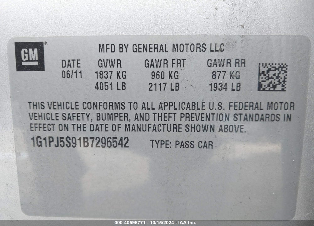 2011 CHEVROLET CRUZE ECO VIN: 1G1PJ5S91B7296542