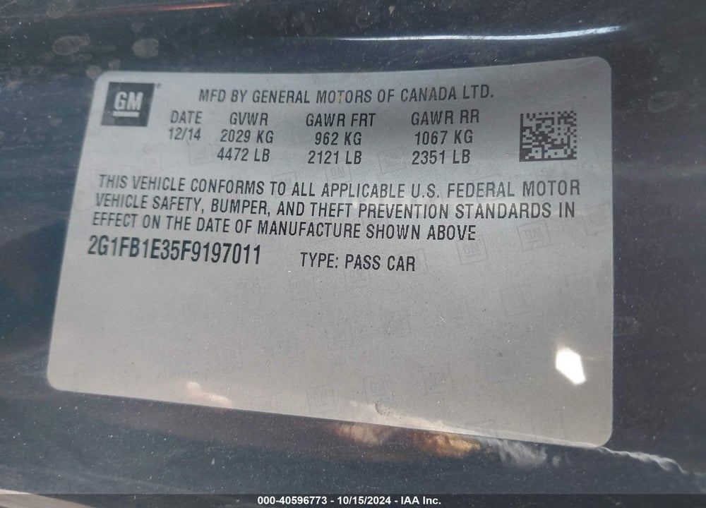 2015 CHEVROLET CAMARO VIN: 2G1FB1E35F9197011