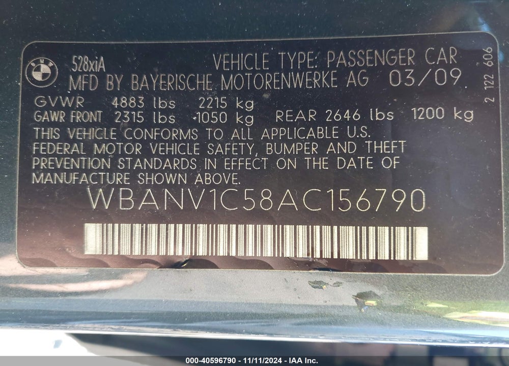 2010 BMW 528 VIN: WBANV1C58AC156790