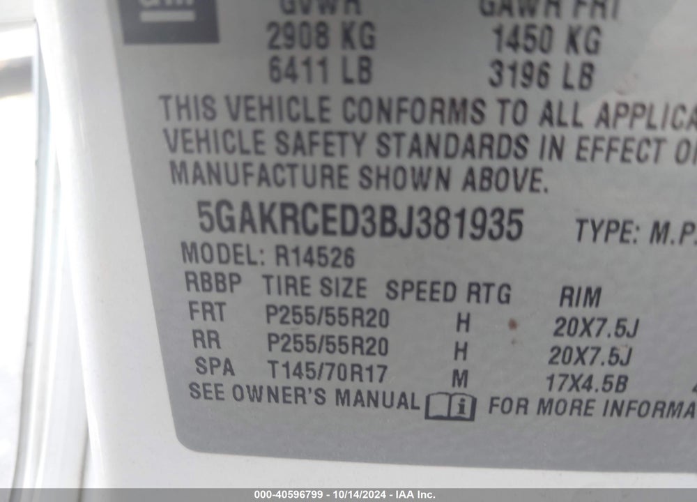 2011 BUICK ENCLAVE 2XL VIN: 5GAKRCED3BJ381935