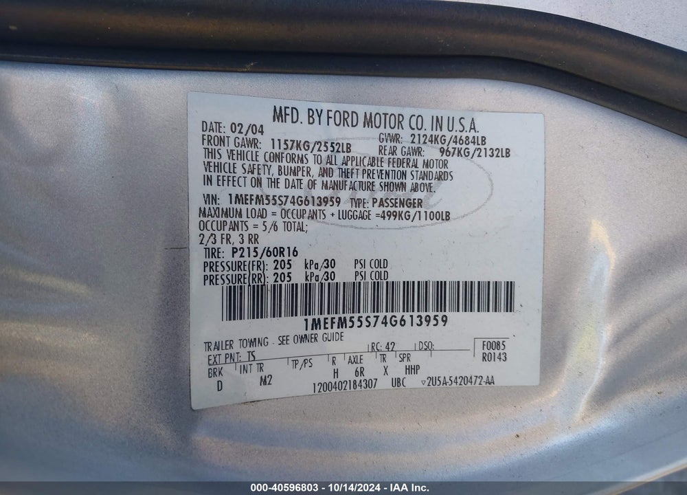2004 MERCURY SABLE LS PREMIUM VIN: 1MEFM55S74G613959