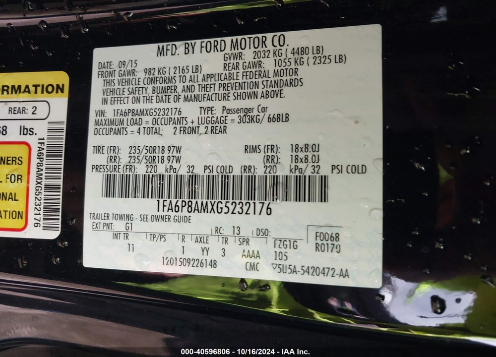 2016 FORD MUSTANG V6 VIN: 1FA6P8AMXG5232176