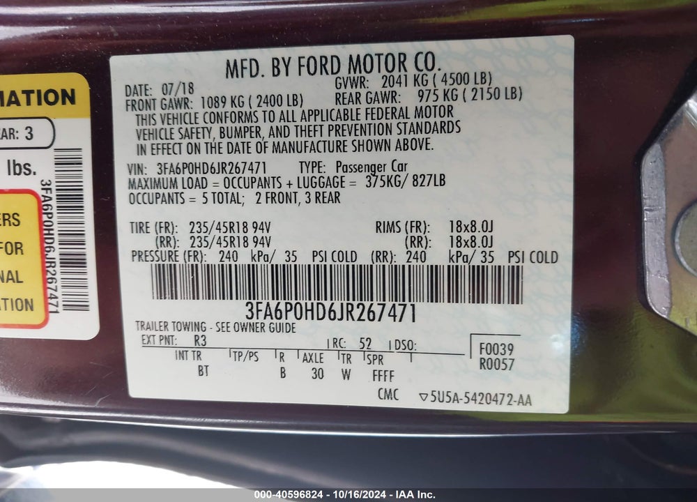 2018 FORD FUSION VIN: 3FA6P0HD6JR267471