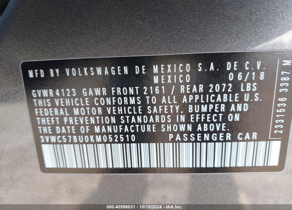 2019 VOLKSWAGEN JETTA 1.4T R-LINE/1.4T S/1.4T SE VIN: 3VWC57BU0KM052510