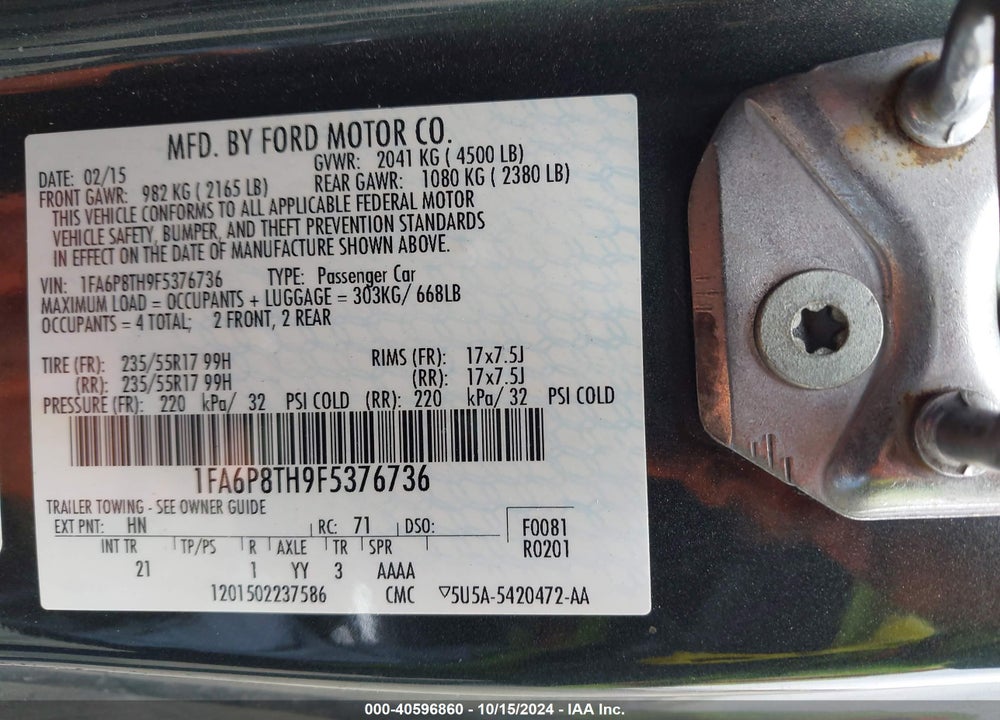 2015 FORD MUSTANG ECOBOOST VIN: 1FA6P8TH9F5376736