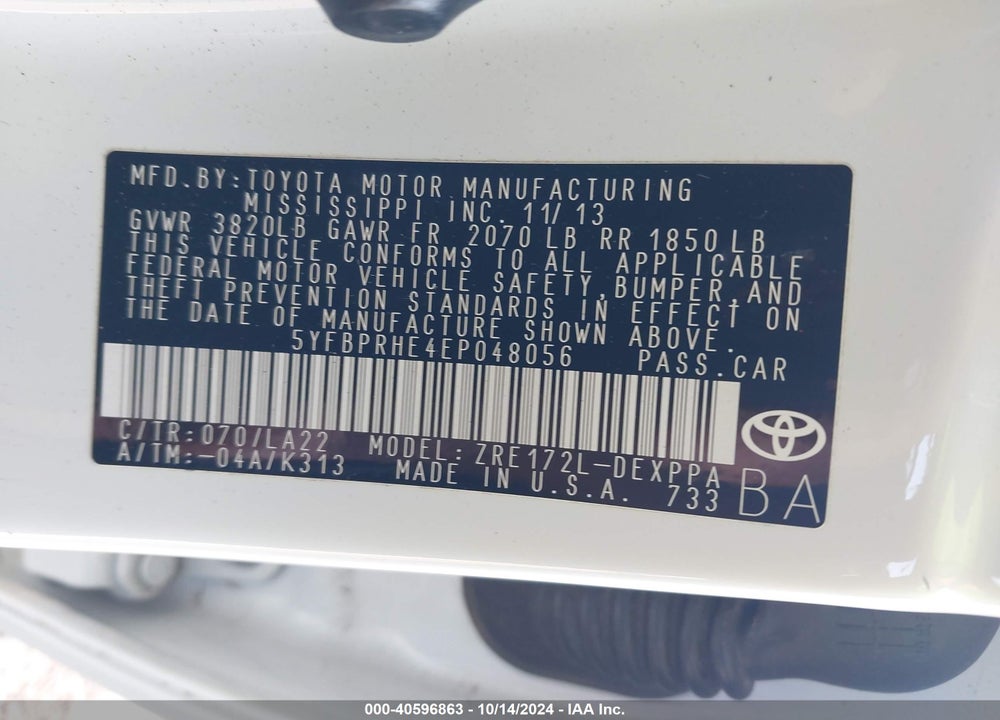 2014 TOYOTA COROLLA LE ECO PREMIUM VIN: 5YFBPRHE4EP048056