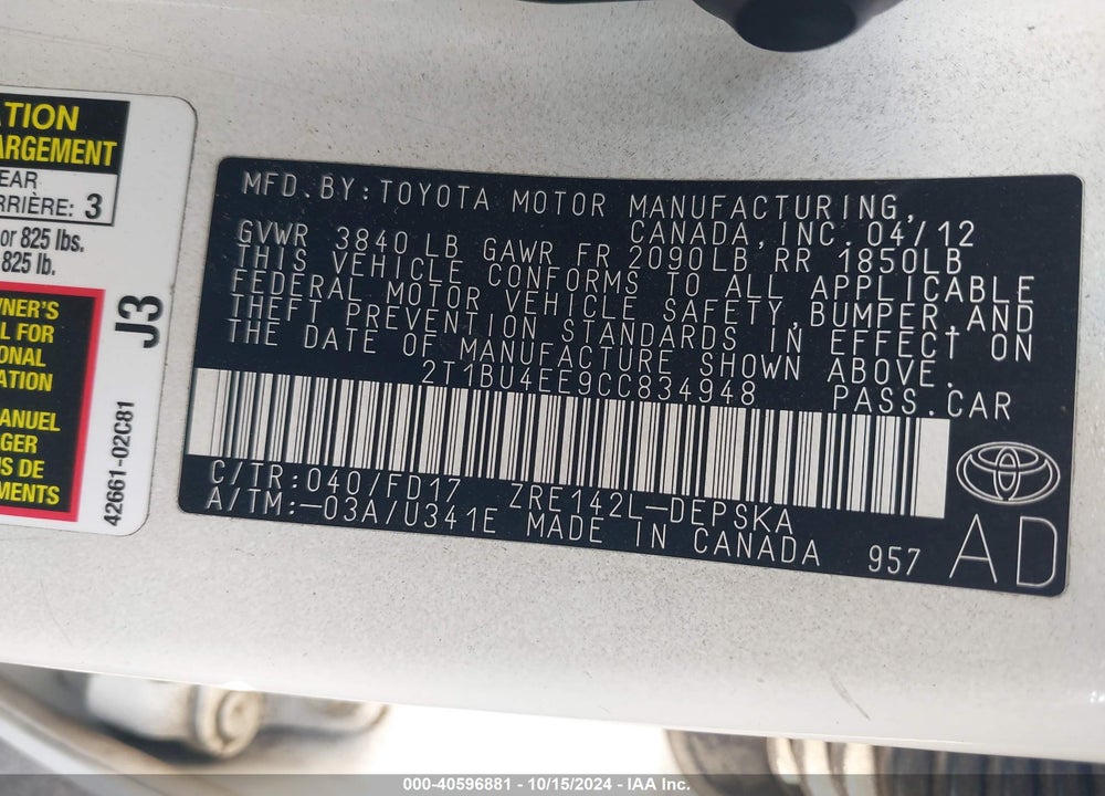 2012 TOYOTA COROLLA S VIN: 2T1BU4EE9CC834948