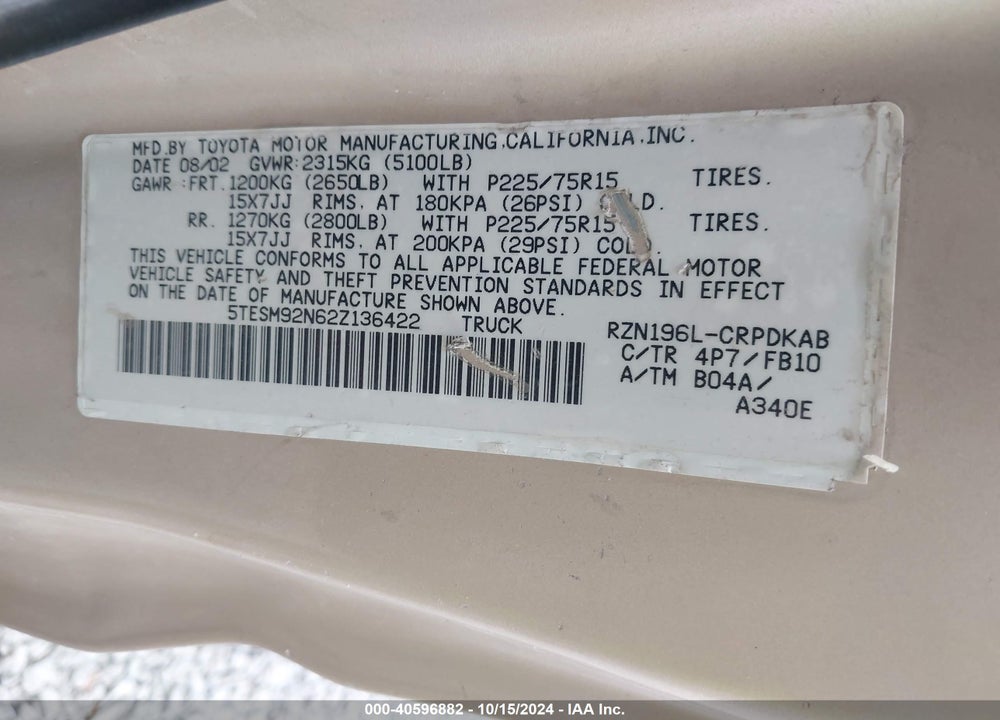 2002 TOYOTA TACOMA PRERUNNER VIN: 5TESM92N62Z136422