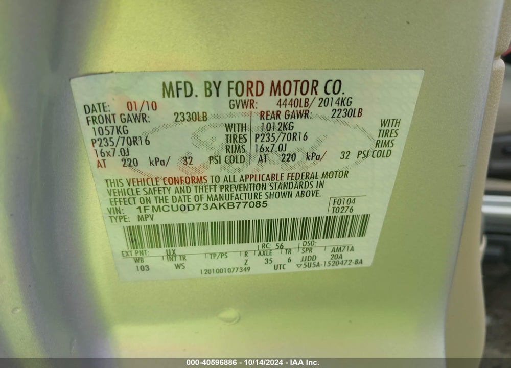 2010 FORD ESCAPE XLT VIN: 1FMCU0D73AKB77085