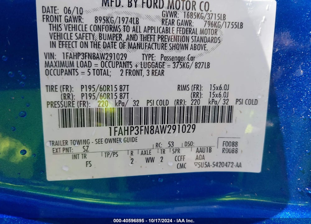 2010 FORD FOCUS SE VIN: 1FAHP3FN8AW291029