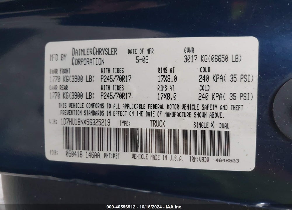 2005 DODGE RAM 1500 SLT/LARAMIE VIN: 1D7HU18NX5S325219