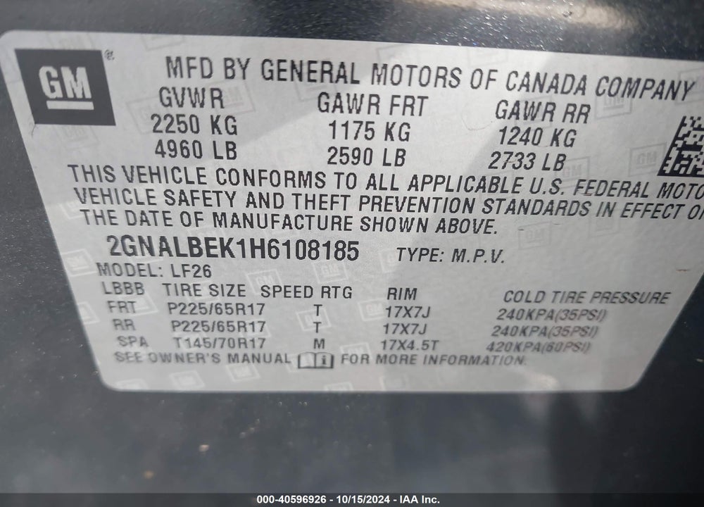 2017 CHEVROLET EQUINOX LS VIN: 2GNALBEK1H6108185