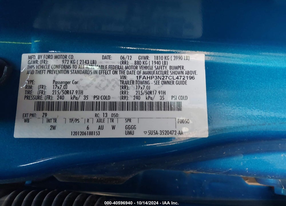 2012 FORD FOCUS TITANIUM VIN: 1FAHP3N27CL472196