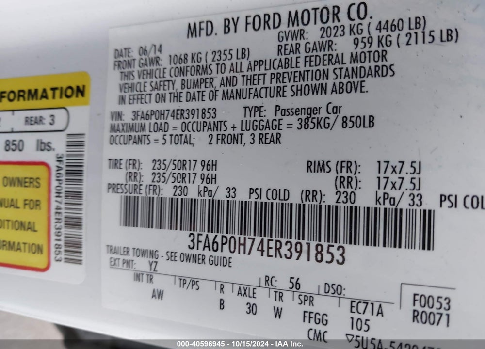 2014 FORD FUSION SE VIN: 3FA6P0H74ER391853