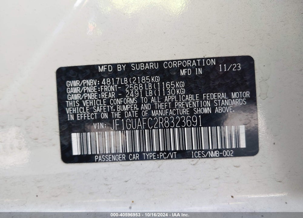2024 SUBARU IMPREZA SPORT 5-DOOR VIN: JF1GUAFC2R8323691