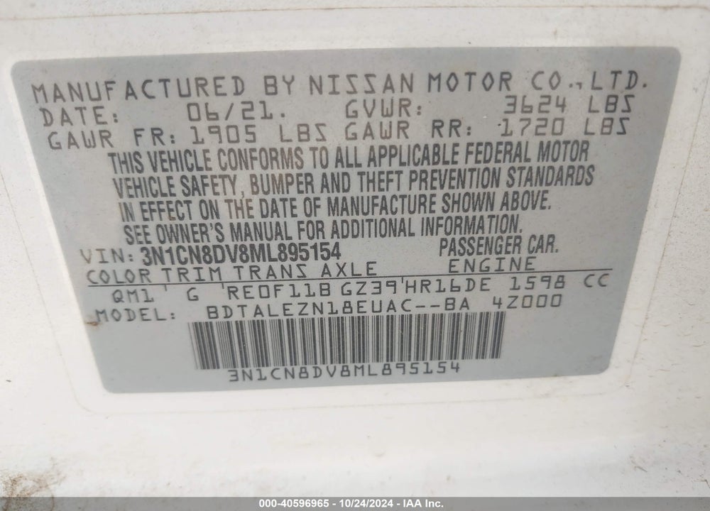 2021 NISSAN VERSA S XTRONIC CVT VIN: 3N1CN8DV8ML895154