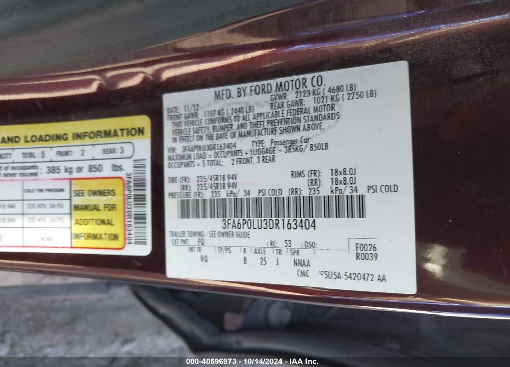 2013 FORD FUSION HYBRID SE VIN: 3FA6P0LU3DR163404