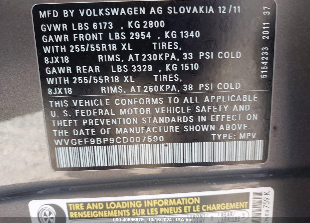 2012 VOLKSWAGEN TOUAREG VR6 SPORT VIN: WVGEF9BP9CD007590