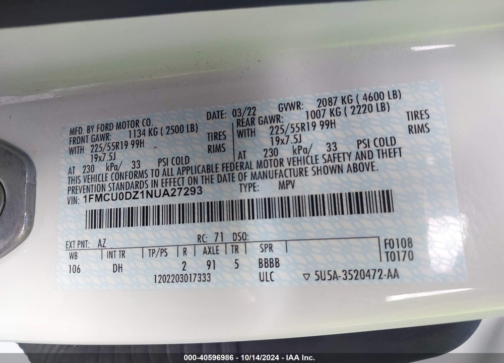 2022 FORD ESCAPE TITANIUM HYBRID VIN: 1FMCU0DZ1NUA27293