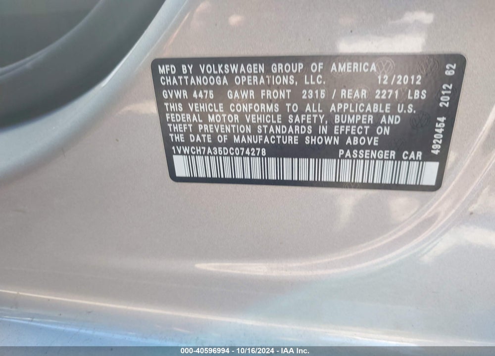2013 VOLKSWAGEN PASSAT 2.5L SEL VIN: 1VWCH7A35DC074278