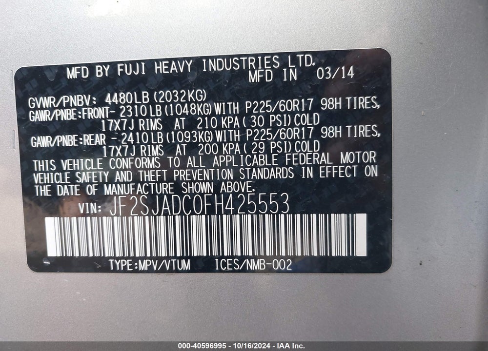2015 SUBARU FORESTER 2.5I PREMIUM VIN: JF2SJADC0FH425553