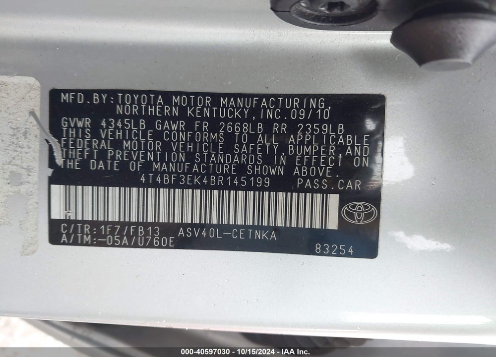 2011 TOYOTA CAMRY LE VIN: 4T4BF3EK4BR145199