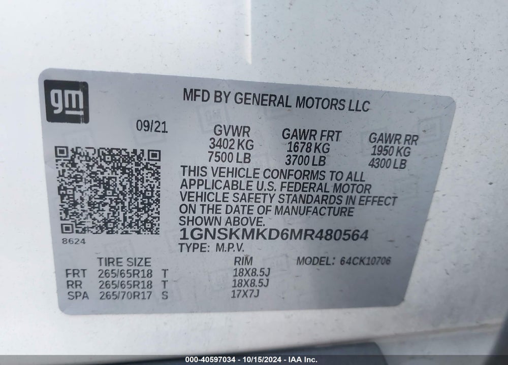 2021 CHEVROLET TAHOE 4WD LS VIN: 1GNSKMKD6MR480564
