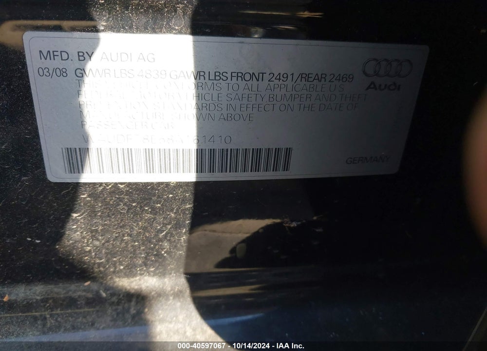 2008 AUDI A4 2.0T/2.0T SPECIAL EDITION VIN: WAUDF78E58A161410