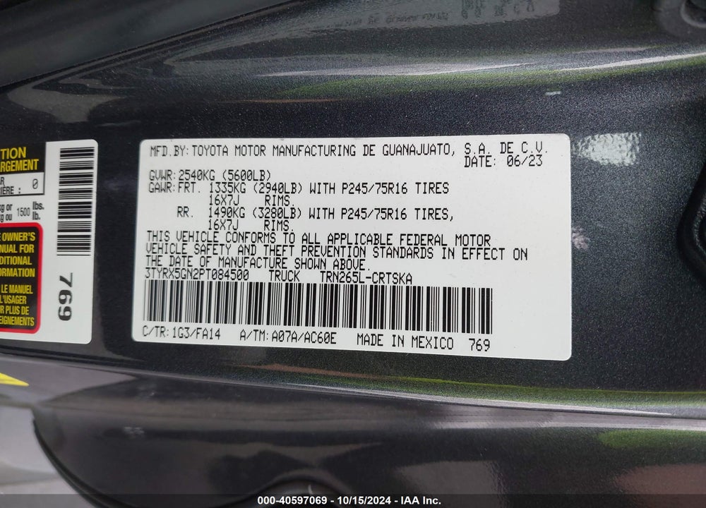 2023 TOYOTA TACOMA SR VIN: 3TYRX5GN2PT084500