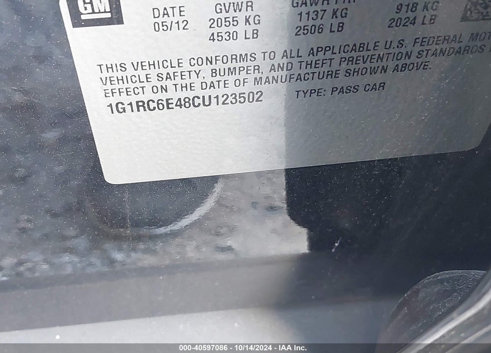 2012 CHEVROLET VOLT VIN: 1G1RC6E48CU123502