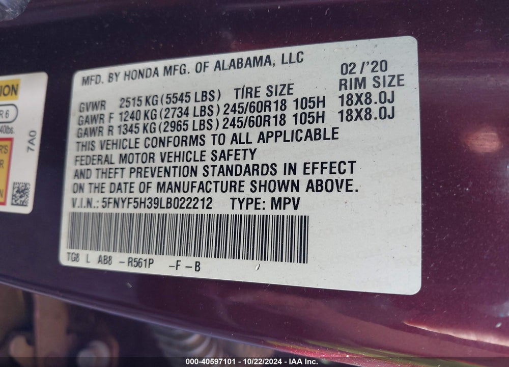 2020 HONDA PILOT 2WD EX VIN: 5FNYF5H39LB022212