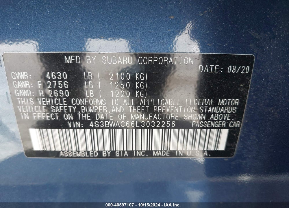 2020 SUBARU LEGACY PREMIUM VIN: 4S3BWAC66L3032256