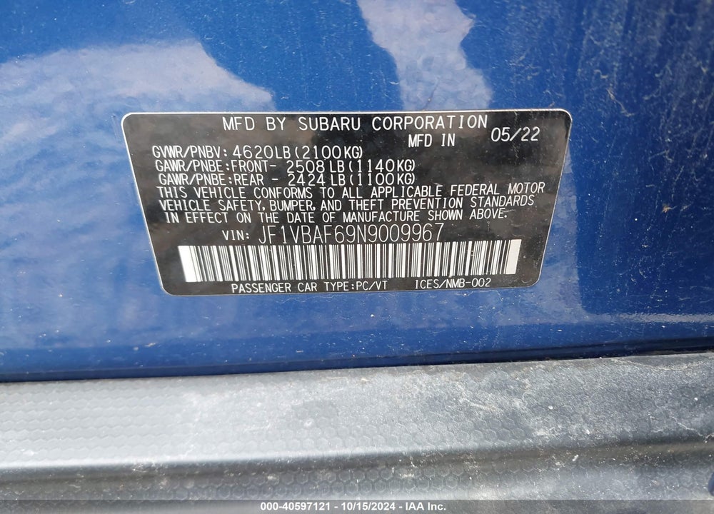 2022 SUBARU WRX PREMIUM VIN: JF1VBAF69N9009967