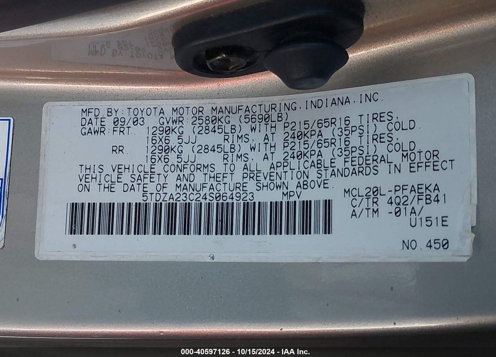 2004 TOYOTA SIENNA LE VIN: 5TDZA23C24S064923